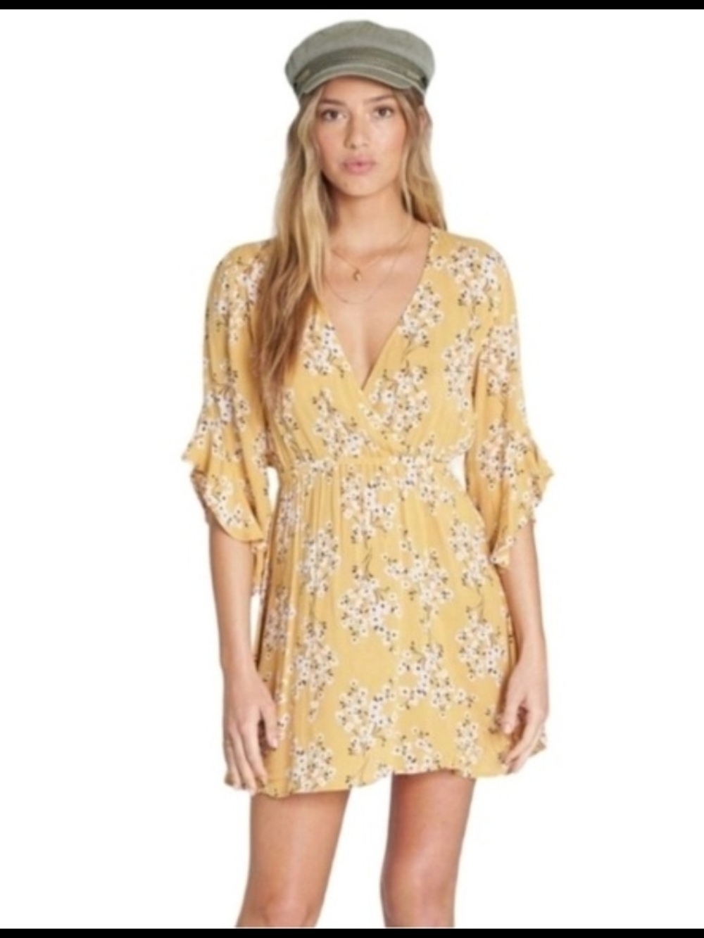 Billabong Yellow Floral Wrap Mini Dress